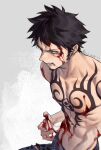  1boy arm_tattoo black_hair blood blood_on_body chest_tattoo earrings facial_hair finger_tattoo hand_tattoo highres jewelry jyukawa long_sideburns male_focus one_piece panther_print pants short_hair sideburns tattoo trafalgar_law yellow_eyes 