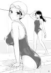  2girls absurdres arm_support breasts competition_school_swimsuit goggles goggles_on_head greyscale highres large_breasts monochrome multiple_girls original pool swim_cap swimsuit takenoko_no_you wet 