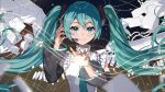  1girl absurdres black_sleeves blue_eyes blue_hair blue_nails blue_necktie closed_mouth detached_sleeves haru_yu hatsune_miku hatsune_miku_happy_16th_birthday_-dear_creators- headset highres long_hair looking_at_viewer necktie smile solo twintails very_long_hair vocaloid 