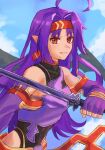  1girl absurdres ahoge aoyagi_0 armor bare_shoulders breastplate fairy_(sao) fingerless_gloves gloves hairband highres holding holding_sword holding_weapon long_hair looking_at_viewer obsidian_slasher pointy_ears purple_gloves purple_hair red_eyes red_hairband smile solo sword sword_art_online upper_body weapon yuuki_(sao) 