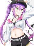  1girl absurdres baseball_cap bibi_(tokoyami_towa) black_choker black_headwear black_shorts black_tube_top blush breasts choker cropped_jacket ear_piercing fangs green_eyes hat highres hololive jacket long_hair looking_at_viewer multicolored_hair navel navel_piercing o-ring o-ring_choker open_mouth owarimiru piercing pink_hair pointy_ears purple_hair shorts small_breasts smile solo strapless streaked_hair tail tail_ornament tail_piercing tokoyami_towa tokoyami_towa_(1st_costume) tube_top twintails virtual_youtuber white_background white_jacket 