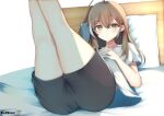  1girl ahoge ass aties20 black_shorts blush breasts brown_eyes brown_hair closed_mouth commentary_request feet_out_of_frame hand_up hololive hololive_english legs_up long_hair looking_at_viewer medium_breasts multicolored_hair nanashi_mumei on_bed pillow shirt short_shorts short_sleeves shorts simple_background solo streaked_hair virtual_youtuber white_background white_hair white_shirt 