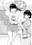  2girls :d ^_^ absurdres arm_up belt bob_cut car character_print closed_eyes greyscale ground_vehicle highres monochrome motor_vehicle multiple_girls open_mouth original ponytail rolling_suitcase short_hair short_shorts shorts smile suitcase takenoko_no_you 