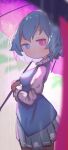  1girl absurdres blue_eyes blue_hair blue_skirt blue_vest blurry blurry_background blush breasts chii_(tsumami_tsumamare) closed_mouth commentary from_side heterochromia highres holding holding_umbrella juliet_sleeves karakasa_obake long_sleeves looking_at_viewer puffy_sleeves purple_umbrella rain red_eyes shirt skirt solo symbol-only_commentary tatara_kogasa tongue touhou umbrella vest white_shirt 
