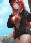  1girl bikini black_jacket breasts chan1moon cleavage cowboy_shot earrings hand_on_own_chest heterochromia highres hololive houshou_marine jacket jewelry large_breasts long_hair necklace no_pants red_bikini red_hair solo swimsuit tetrapod thighs underboob virtual_youtuber 