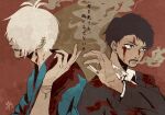  2boys back-to-back black_eyes black_hair black_suit bleeding blood blood_from_mouth blood_on_clothes blue_kimono brown_background cigarette collared_shirt commentary_request covered_eyes cuts fang from_side frown gegerou giving hair_over_eyes highres holding holding_cigarette injury japanese_clothes kimono kitarou_tanjou:_gegege_no_nazo long_sleeves looking_ahead male_focus medama_oyaji_(human) mizuki_(gegege_no_kitarou) multiple_boys nosebleed open_mouth paper_texture profile red_background scar scar_across_eye serious shirt short_hair signature smile smoke smoking suit sys_ain115 translation_request two-tone_background upper_body white_hair 