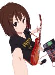  1girl black_footwear black_shirt blurry blurry_background brown_eyes brown_hair cable electric_guitar film_grain from_above gibson_les_paul guitar hair_ornament hairclip highres hirasawa_yui instrument k-on! looking_at_viewer nirvana_(band) open_mouth pedal_(instrument) sakurayama_(59_sakurayama) selfie shirt shoes short_hair shorts simple_background solo teeth v 