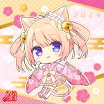  1girl 2024 :p animal_ear_fluff animal_ears bell blush boots cat_ears cat_girl cat_tail chibi closed_mouth commentary_request copyright_request cross-laced_footwear egasumi full_body gloves hair_bell hair_between_eyes hair_ornament hair_rings japanese_clothes jingle_bell kimono knee_boots lace-up_boots light_brown_hair long_sleeves outline pinching_sleeves pink_kimono purple_eyes ryuuka_sane short_kimono sleeves_past_wrists smile solo tail tongue tongue_out twintails white_footwear white_gloves white_outline wide_sleeves 