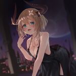  1girl aogiri_koukou bare_shoulders bent_over black_dress black_horns blue_eyes blurry blurry_background bracelet breasts brown_hair chest_tattoo cityscape collarbone demon_horns dress earrings fang flower gold_earrings hair_flower hair_ornament highres horn_ornament horn_ring horns jewelry kkix25 kurikoma_komaru saliva saliva_trail scar scar_on_cheek scar_on_face skin_fang solo tattoo virtual_youtuber white_flower 