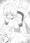  1boy 2girls aegis_(takunomi) against_bed bent_over blush breasts closed_eyes closed_mouth clothes_lift elf enjo_kouhai exhibitionism greyscale hanging_breasts hetero highres iris_(takunomi) large_breasts monochrome multiple_girls nipples open_mouth pointy_ears saliva sex sex_from_behind skirt skirt_lift sleeping standing standing_sex takunomi torogao 