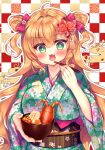  +_+ 1girl ahoge blush bow bowl breasts brown_hair checkered_background chopsticks commentary_request double_bun eating fang floral_print green_eyes green_kimono hair_bow hair_bun highres holding holding_bowl holding_chopsticks japanese_clothes kimono long_hair long_sleeves looking_at_viewer medium_breasts obi open_mouth original outline pink_bow print_kimono sash solo suzunone_rena two_side_up very_long_hair white_outline wide_sleeves 