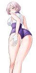  1girl absurdres ass bangs bare_shoulders blue_eyes blush breasts cameltoe eyebrows_visible_through_hair gloves gridman_universe hand_on_own_thigh hear_(kpmf4732) highres large_breasts mujina parted_lips purple_shorts short_hair shorts silver_hair simple_background sleeveless solo ssss.dynazenon white_background white_gloves 