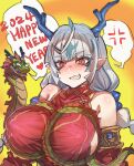  1girl 2024 bare_shoulders blue_hair blue_horns bow_(bhp) breasts china_dress chinese_clothes chinese_zodiac clenched_teeth commentary_request dragon dragon_girl dragon_horns dress eastern_dragon grey_hair happy_new_year horns large_breasts long_hair low_twintails multicolored_hair new_year original poi pointy_ears red_dress red_eyes sleeveless sleeveless_dress solo teeth twintails two-tone_hair upper_body year_of_the_dragon 