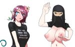 alien areola big_breasts blue_eyes breasts clothed clothing clothing_lift disguise dryad dryakui elf female flower furball hair hi_res horn humanoid markings meme nipples nokuri plant red_hair sei&#039;ven shirt shirt_lift solo t-shirt text topwear vine_tail