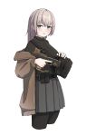  1girl absurdres b&amp;t_usw black_pantyhose black_shirt blue_eyes brown_coat coat grey_hair grey_skirt gun handgun highres long_hair looking_to_the_side okapi_(yomaigoto) original pantyhose shirt simple_background skirt solo trigger_discipline weapon white_background 