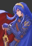  1girl absurdres aoyagi_0 armor blue_eyes blue_gloves blue_hair cape closed_mouth falchion_(fire_emblem) fingerless_gloves fire_emblem fire_emblem_awakening from_side gloves highres long_hair long_sleeves looking_at_viewer lucina_(fire_emblem) shoulder_armor smile solo sword tiara upper_body weapon 