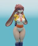 3d_(artwork) absurd_res anthro asian_clothing blender_(software) breasts brown_body clitoris clothing digital_media_(artwork) east_asian_clothing female genitals hair hi_res long_ears looking_at_viewer multicolored_body nipples one_01 simple_background smile solo standing