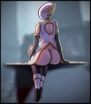 armor artificer_(risk_of_rain) black_border border butt clothed clothing dress female headgear helmet hi_res human humanoid mammal rear_view risk_of_rain_2 saintmarmo sitting solo