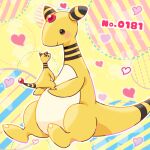  ampharos blush closed_mouth commentary_request commission heart looking_down no_humans outline pokedex_number pokemon pokemon_(creature) sitting skeb_commission smile soumendaze yellow_background 