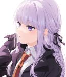  1girl bangs black_gloves black_jacket black_ribbon blunt_bangs braid breasts brown_neckwear collared_shirt danganronpa:_trigger_happy_havoc danganronpa_(series) eyebrows_visible_through_hair from_side gloves grey_background hair_ornament hair_ribbon hand_up jacket kirigiri_kyouko long_hair long_sleeves necktie open_clothes open_jacket open_mouth parted_lips print_neckwear purple_eyes purple_hair ribbon shiny shiny_hair shirt side_braid simple_background single_braid solo upper_body white_background yuzutouhu_ika 