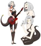  1girl black_bodysuit bodysuit breasts electric_guitar fangs guitar gun highres instrument medium_breasts slit_pupils smile snake_tail snubnosed_revolver tail tbocart weapon yellow_eyes 