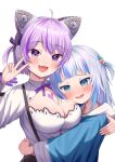  2girls absurdres ahoge animal_ears blue_hair blue_hoodie blush breasts cat_ears cat_girl cleavage cleavage_cutout clothing_cutout collared_shirt fake_animal_ears fang gawr_gura gawr_gura_(1st_costume) hair_ornament heart_on_chest highres hololive hololive_english hood hoodie hug kumoru_(kumoru_145) large_breasts looking_at_viewer medium_hair multicolored_hair multiple_girls nekomata_okayu nekomata_okayu_(6th_costume) official_alternate_costume purple_eyes purple_hair shark_hair_ornament shirt short_hair skin_fang small_breasts streaked_hair two_side_up v virtual_youtuber white_background white_hair white_shirt 