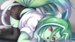  1girl animal_ears animal_nose artist_request black_shorts black_thighhighs black_undershirt cholan_(monster_musume) colored_skin game_cg green_hair green_skin green_tail hair_between_eyes lips long_hair looking_at_viewer monster_musume_no_iru_nichijou monster_musume_no_iru_nichijou_online official_art on_floor red_eyes shirt shorts smile tail thighhighs top-down_bottom-up whiskers white_shirt 