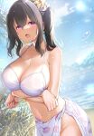  1girl bare_shoulders bikini bikini_top_only black_hair blue_eyes blush bottomless breasts cleavage collarbone commentary_request crossed_arms floral_print groin hair_between_eyes highres idolmaster idolmaster_cinderella_girls idolmaster_cinderella_girls_starlight_stage large_breasts long_hair looking_at_viewer mk_(mod0) navel open_mouth sagisawa_fumika sarong solo swimsuit twintails wet white_bikini 