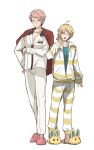  2boys ahoge blonde_hair ensemble_stars! facing_viewer full_body green_shirt highres hood hoodie itsuki_shu looking_at_another male_focus multiple_boys nito_nazuna one_eye_closed pajamas pants pink_hair purple_eyes rabbit_footwear red_eyes shirt short_bangs short_hair takosakiku70006 white_pajamas white_pants white_shirt yawning yellow_footwear yellow_hoodie yellow_pants 