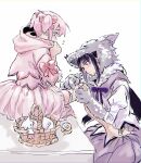  2girls akemi_homura animal_hood applying_bandages bandaged_leg bandages bandaid bandaid_on_foot bangs barefoot basket big_bad_wolf big_bad_wolf_(cosplay) blush bow bubble_skirt cosplay elbow_gloves flying_sweatdrops frilled_sleeves frills fur_gloves gloves grey_gloves hair_bow hair_ribbon highres hood hood_down juliet_sleeves kaname_madoka karen_le_cao kyubey little_red_riding_hood little_red_riding_hood_(grimm) little_red_riding_hood_(grimm)_(cosplay) long_hair long_sleeves looking_at_another mahou_shoujo_madoka_magica multiple_girls pelt pink_bow pink_hair pink_skirt puffy_sleeves purple_hair purple_ribbon purple_skirt ribbon short_hair short_sleeves sitting skirt twintails white_background 