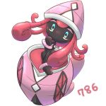  black_skin blue_eyes colored_skin commentary_request looking_at_viewer okiza_yuuri pink_eyes pokemon pokemon_(creature) red_hair simple_background tapu_lele two-tone_eyes white_background 