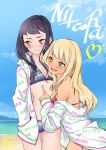  2girls alessandra_susu beach bikini black_hair blonde_hair blue_bikini blue_sky blush breasts commentary_request day embarrassed green_eyes heart jacket long_hair looking_at_another multiple_girls open_clothes open_jacket red_bikini sasetsu sky small_breasts smile swimsuit tan teasing tendouji_musubi tokyo_7th_sisters water wavy_mouth yellow_eyes 