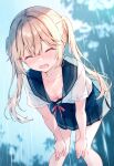  1girl ai-generated blonde_hair blush breasts cleavage closed_eyes hands_on_own_knees highres open_mouth original pleated_skirt rain redraw_0 skirt small_breasts solo twintails 
