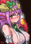  1girl absurdres animal_ears between_breasts blush breasts closed_mouth covered_nipples dated elbow_gloves gloves green_neckwear hand_up head_fins heterochromia highres holding large_breasts looking_at_viewer medium_hair necktie necktie_between_breasts pink_eyes purple_hair puzzle_&amp;_dragons red_gloves sideboob smile solo sonia_(p&amp;d) try_(lsc) upper_body yellow_eyes 