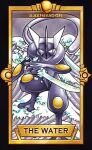  black_border border cloud cloudy_sky commentary crescent english_commentary english_text greninja holding holding_sword holding_weapon limited_palette long_tongue looking_at_viewer no_humans pokemon pokemon_(creature) quas-quas sky smash_ball solo star_(symbol) straight-on super_smash_bros. sword tarot tarot_(medium) tongue tongue_scarf waves weapon yellow_eyes 