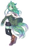  1girl animal_ears animal_hands animal_nose artist_request black_shorts black_thighhighs black_undershirt brown_footwear cholan_(monster_musume) claws colored_skin full_body fur-trimmed_jacket fur_trim game_cg green_hair green_jacket green_skin green_tail hood hood_down jacket lips long_hair looking_at_viewer monster_musume_no_iru_nichijou monster_musume_no_iru_nichijou_online official_art red_eyes shirt shoes shorts tachi-e tail thighhighs transparent_background whiskers white_shirt 