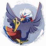  animal_focus beak bird bird_tail black_eyes braviary eagle grey_background highres kompeito_fox multicolored_tail no_humans open_mouth pokemon pokemon_(creature) tail talons two-tone_background white_background white_hair wings 