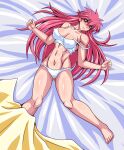  1girl abs absurdres bare_shoulders bed_sheet blanket blush bra breasts clenched_hands collarbone covered_nipples highres large_breasts long_hair looking_at_viewer mighty_yukiko muscular muscular_female navel on_bed panties pink_hair purple_eyes retro_artstyle shiny_skin smile solo spiked_hair spread_legs taroimo_(00120014) underwear white_bra white_panties wrestle_angels wrinkled_fabric yellow_blanket 