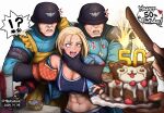  1girl 1other 2boys abs age_conscious apron armor birthday_cake black_gloves black_sports_bra blonde_hair blue_eyes blue_jacket blurry box bread_knife breasts broken_tooth cake cammy_white commentary covered_eyes covered_nipples cropped_jacket crying crying_with_eyes_open depth_of_field disembodied_limb english_commentary fingerless_gloves food gift gift_box gloves grabbing grabbing_another&#039;s_chin hand_on_another&#039;s_chin happy_birthday height_difference helmet helmet_over_eyes hershuar holding holding_knife jacket jellied_eel knife large_breasts leather leather_jacket midriff multiple_boys oven_mitts pauldrons scar scar_on_cheek scar_on_face shadaloo shadaloo_soldier short_hair shoulder_armor single_pauldron soldier solo_focus sports_bra street_fighter street_fighter_6 sweatdrop taut_clothes tears yellow_apron 