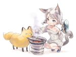  1girl :t animal animal_ears bare_shoulders blue_eyes blush cat_ears cat_tail cooking fish_(food) fox grey_hair grill grilling hand_fan highres holding holding_fan nenena off-shoulder_sweater off_shoulder original pout pushing_away short_twintails simple_background squatting sweater tail twintails white_background 