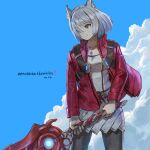  1girl absurdres animal_ear_fluff animal_ears artist_name black_pantyhose blue_sky breasts cat_ears cat_girl chest_jewel closed_mouth cloud copyright_name cowboy_shot day dress grey_hair highres holding holding_sword holding_weapon jacket legs_apart level-00 medium_breasts mio_(xenoblade) monado open_clothes open_jacket pantyhose red_jacket sky smile solo standing sword weapon white_dress xenoblade_chronicles_(series) xenoblade_chronicles_3 yellow_eyes 