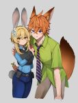  1boy 1girl animal_ears blue_eyes commentary_request cosplay flower fox_ears fox_tail genshin_impact hair_flower hair_ornament highres judy_hopps judy_hopps_(cosplay) kemonomimi_mode kuromu_shado lumine_(genshin_impact) necktie nick_wilde nick_wilde_(cosplay) pepper_spray police police_uniform policewoman rabbit_ears rabbit_tail shirt short_hair short_hair_with_long_locks smile tail tartaglia_(genshin_impact) uniform white_flower zootopia 