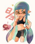  bike_shorts black_tank_top blue_hair breasts brushing_teeth collarbone commentary crop_top dated gradient_hair heart inkling inkling_girl long_hair midriff miyashiro multicolored_hair navel octopus pointy_ears simple_background small_breasts splatoon_(series) tank_top teeth tentacle_hair toothbrush v-shaped_eyebrows white_background 