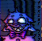 anthro digital_media_(artwork) distorted glitch icon lagomorph leporid male mammal name_tag pixel_(artwork) purple_body purple_bow_tie rabbit sharp_teeth smile solo teeth white_eyes