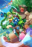  1girl absurdres artist_name balloon blue_flower blue_rose blue_sky breasts cheerleader closed_eyes day flower grass_miku_(project_voltage) green_eyes green_hair green_skirt green_socks hair_ornament hatsune_miku highres holding holding_poke_ball leaf_hair_ornament leg_up long_hair looking_at_viewer medium_breasts musical_note musical_note_hair_ornament official_alternate_costume open_mouth outdoors poke_ball poke_ball_(basic) pokemon pokemon_(creature) pom_pom_(cheerleading) print_shirt project_voltage red_flower red_rose rillaboom rose roselia_(pokemon) salmontea shirt shoes skirt sky socks twintails very_long_hair vocaloid white_footwear yellow_shirt 