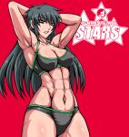  1girl abs armpits arms_up bikini black_bikini black_hair blue_eyes breasts cleavage collarbone covered_nipples flexing green_trim highres large_breasts logo long_hair looking_at_viewer muscular muscular_female navel open_mouth original posing red_background retro_artstyle shiny_skin simamoto_utako solo spiked_hair swimsuit taroimo_(00120014) wrestling 