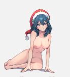  1girl arm_support blue_eyes blue_hair breasts byleth_(female)_(fire_emblem) byleth_(fire_emblem) commentary completely_nude english_commentary fire_emblem fire_emblem:_three_houses grey_background grimmelsdathird highres long_hair looking_at_viewer medium_breasts navel nipples nude red_headwear simple_background sitting smile solo stomach thighs 