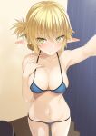  1girl absurdres aegis_(takunomi) arm_up armpits bangs bare_arms bare_shoulders bikini blonde_hair blue_bikini blurry blush bow breasts cleavage closed_mouth collarbone cowboy_shot curtains depth_of_field elf embarrassed enjo_kouhai eyebrows_visible_through_hair eyes_visible_through_hair fitting_room folded_ponytail from_above green_eyes groin hair_between_eyes hair_bow hand_on_own_chest highres indoors large_breasts looking_at_viewer lowleg lowleg_bikini navel official_art pointy_ears selfie shy side_ponytail sidelocks solo standing stomach swimsuit takunomi wavy_mouth 