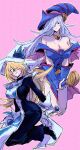  2girls ;d absurdres bare_shoulders blonde_hair blush_stickers breasts cleavage cosplay costume_switch dark_magician_girl dark_magician_girl_(cosplay) dress duel_monster full_body gloves green_eyes hair_over_one_eye hat highres holding holding_staff large_breasts long_hair looking_at_viewer multiple_girls one_eye_closed open_mouth r42r98r silent_magician silent_magician_(cosplay) smile staff very_long_hair white_gloves white_hair wizard_hat yu-gi-oh! yu-gi-oh!_duel_monsters 