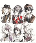 1girl 5boys absurdres adjusting_eyewear beanie bishounen black-framed_eyewear black_bow black_coat black_hair black_headwear black_jacket black_shirt black_sweater black_vest blonde_hair blue_eyes blue_necktie bow braid brown_coat brown_headwear brown_necktie bungou_stray_dogs cabbie_hat card character_name chinese_commentary closed_mouth coat coattails collared_jacket collared_shirt commentary_request cui_(jidanhaidaitang) earflap_beanie edogawa_ranpo_(bungou_stray_dogs) expressionless fangs finger_to_own_chin flower flower_brooch frilled_sleeves frills fur-trimmed_coat fur_trim fyodor_dostoyevsky_(bungou_stray_dogs) glasses gloves green_eyes grey_eyes grin hair_between_eyes hair_bow hair_flower hair_ornament hair_over_shoulder hairband hand_on_eyewear hand_on_own_chest hat high_collar highres izumi_kyouka_(bungou_stray_dogs) jacket japanese_clothes kimono layered_sleeves light_frown light_smile long_hair long_sleeves looking_at_viewer looking_to_the_side low_ponytail low_twintails multicolored_clothes multicolored_hair multicolored_jacket multiple_boys multiple_drawing_challenge necktie nikolai_gogol_(bungou_stray_dogs) one-eyed open_clothes open_coat open_jacket open_mouth paul_verlaine_(bungou_stray_dogs) playing_card purple_eyes purple_flower purple_gloves purple_hair purple_rose red_eyes red_kimono red_sleeves rose scar scar_across_eye shirt short_hair sigma_(bungou_stray_dogs) single_braid six_fanarts_challenge skin_fangs sleeves_past_wrists smile sweater top_hat turtleneck turtleneck_sweater twintails two-tone_hair two-tone_jacket upper_body v-neck vest white_background white_flower white_hair white_hairband white_headwear white_jacket white_shirt white_sleeves white_vest wide_sleeves 